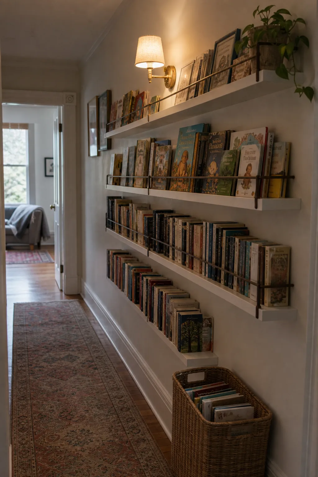 A hallway wall used as a practical small home library with shallow shelves and warm light