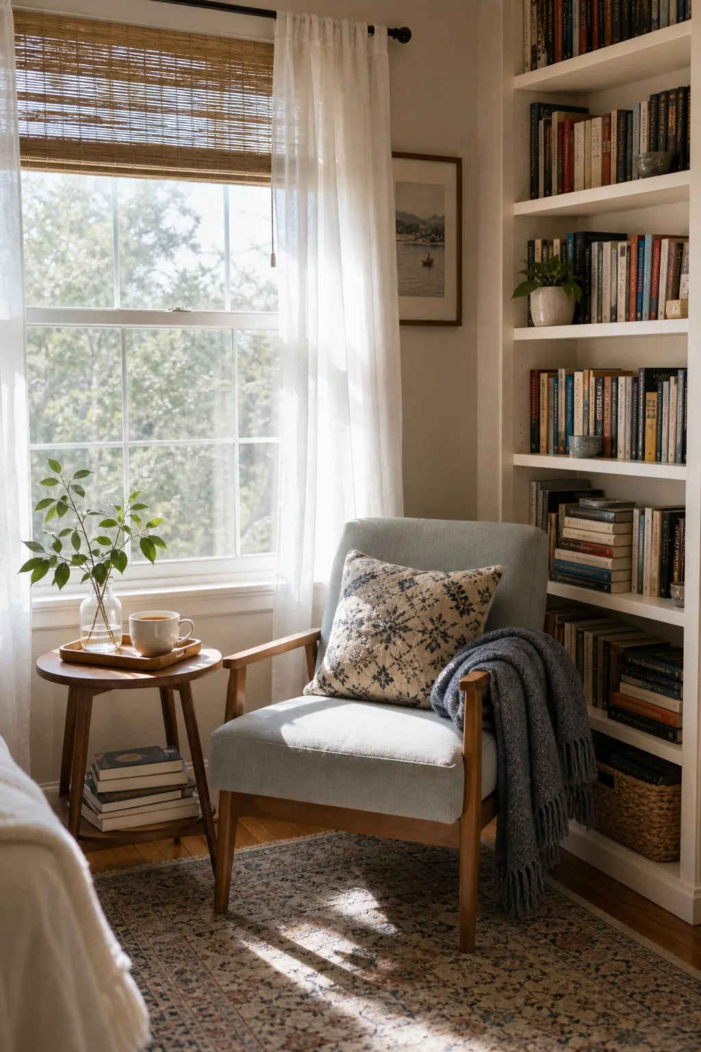 A window-side reading nook with bookshelves, a chair, and daylight in a normal house