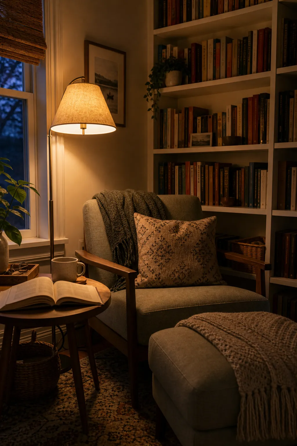 A cozy small home library corner with warm night lighting, books, and a comfortable chair
