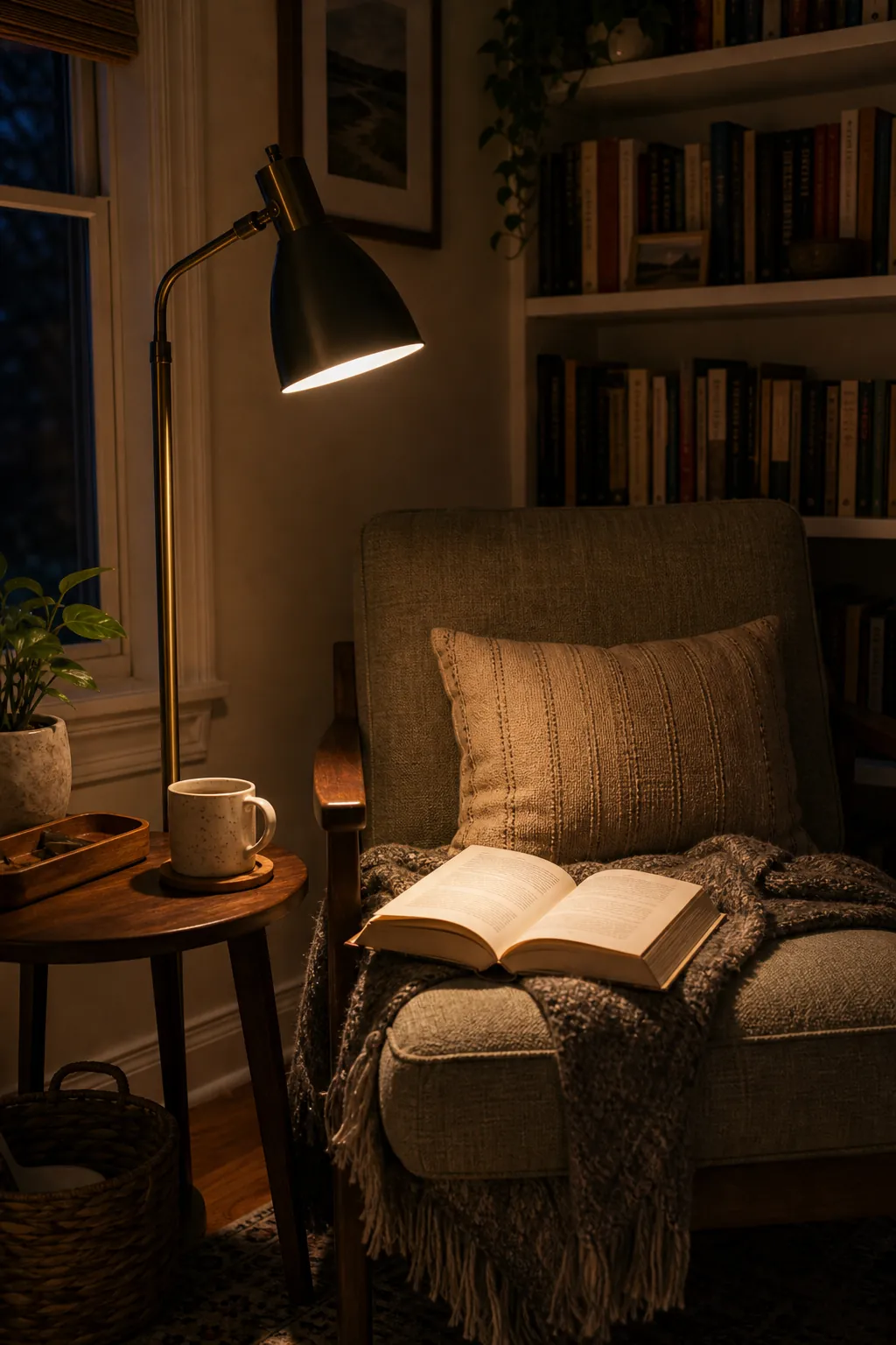 A reading nook chair corner with a warm lamp positioned to light the open book