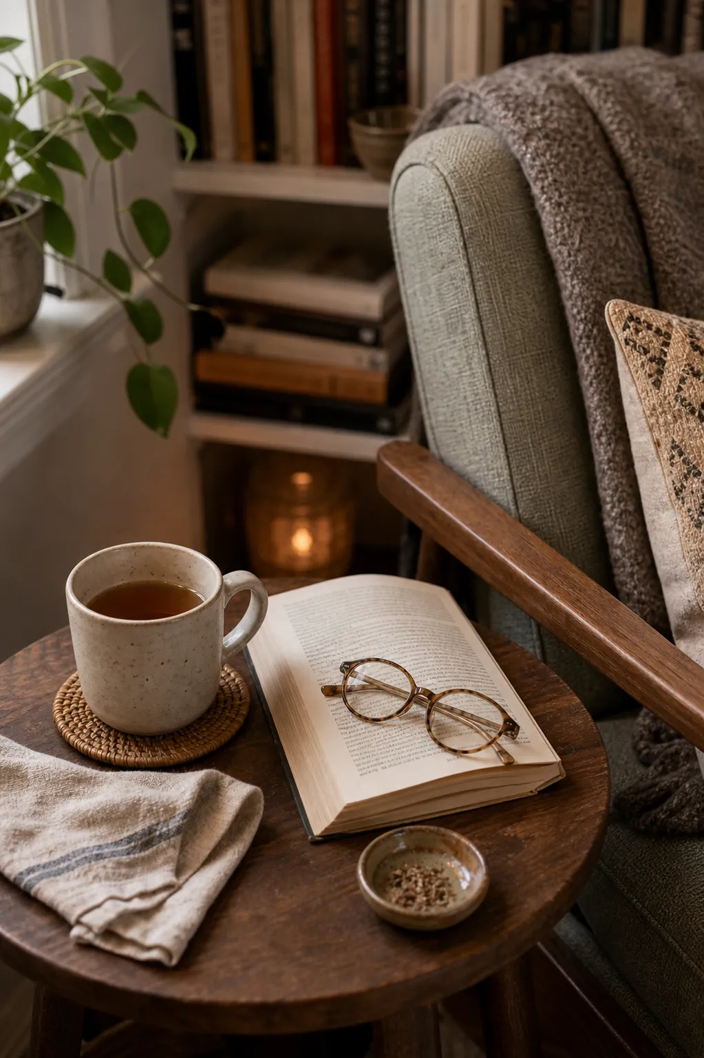 A small tea table beside an accent chair with a mug, book, and reading glasses within reach