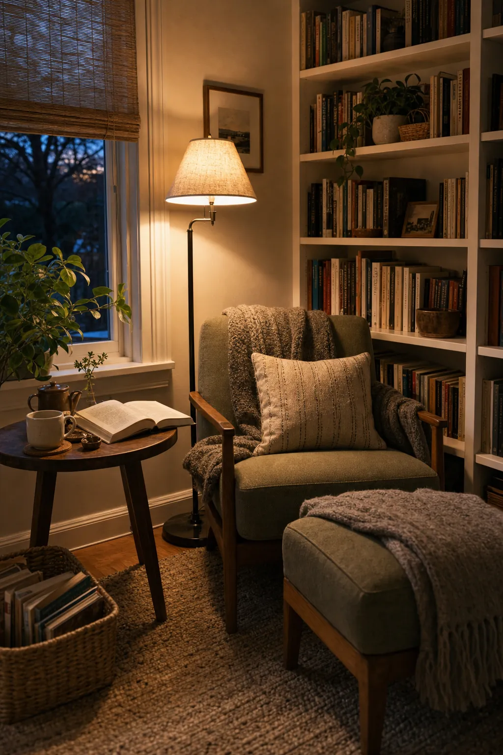A cozy chair corner for reading, tea, and rest with a warm lamp, side table, books, and soft textures