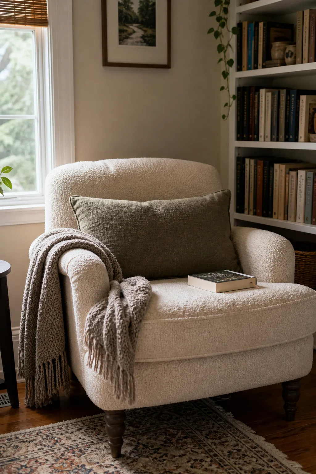 A comfortable accent chair in a cozy reading nook with a cushion and throw for real support