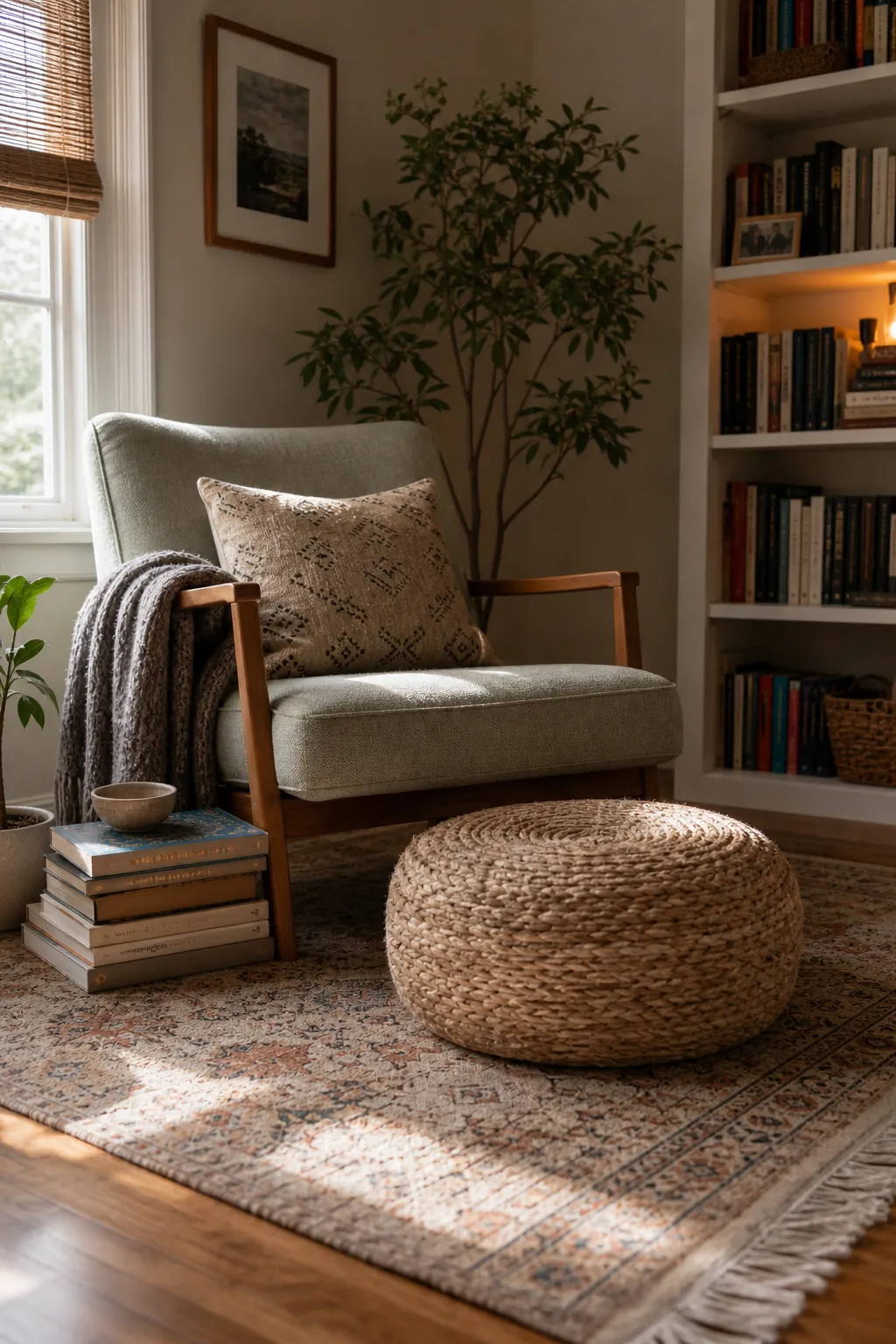 A cozy chair corner with a soft rug, footrest, books, and a textured throw for slow living