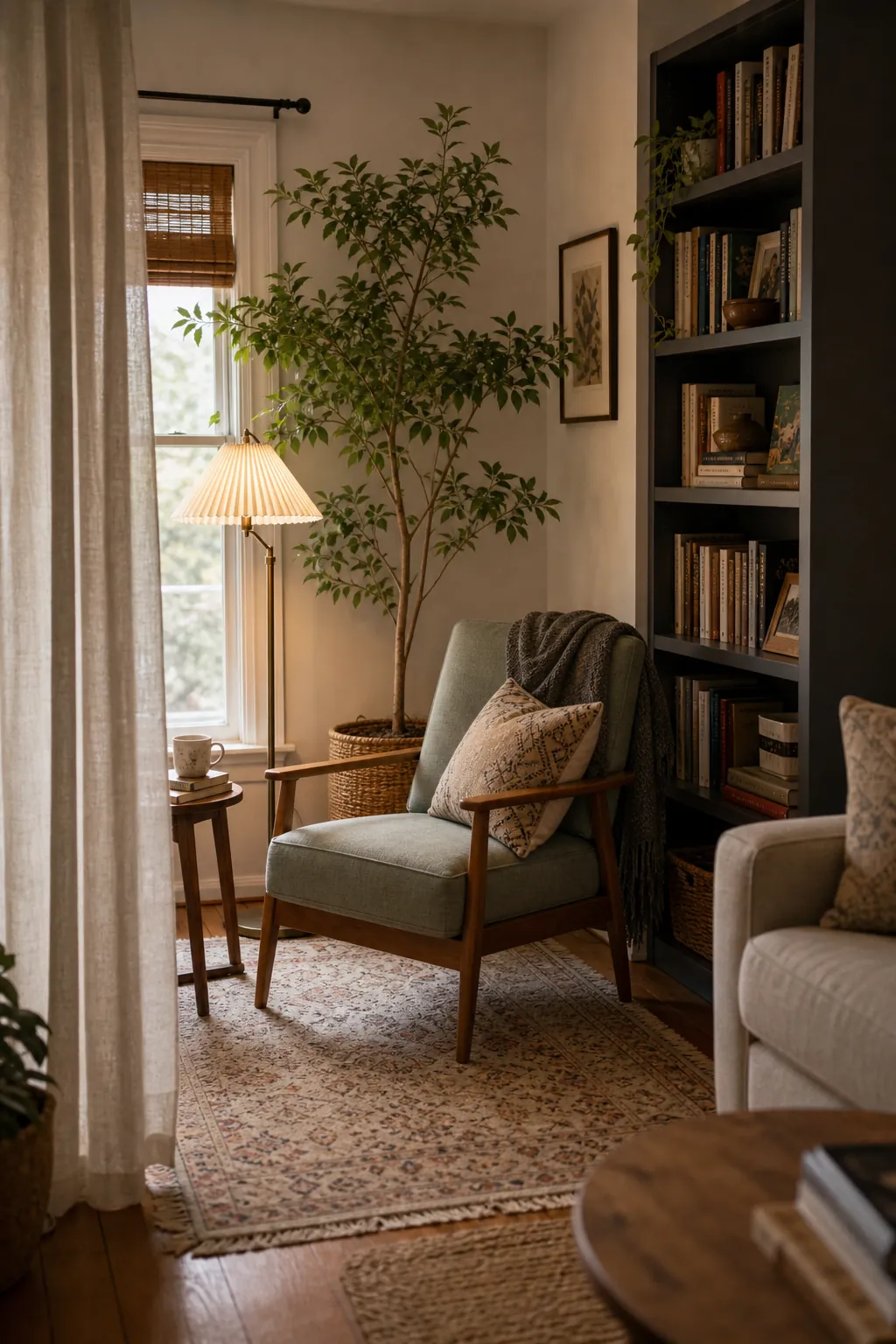 A small nook with an accent chair, plant, rug, and bookcase creating a soft boundary