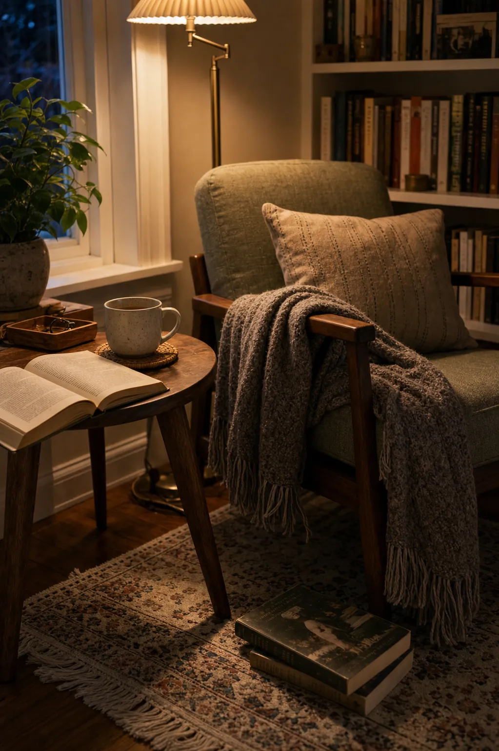 A relaxed chair corner for reading, tea, and rest with a mug, open book, and soft evening light