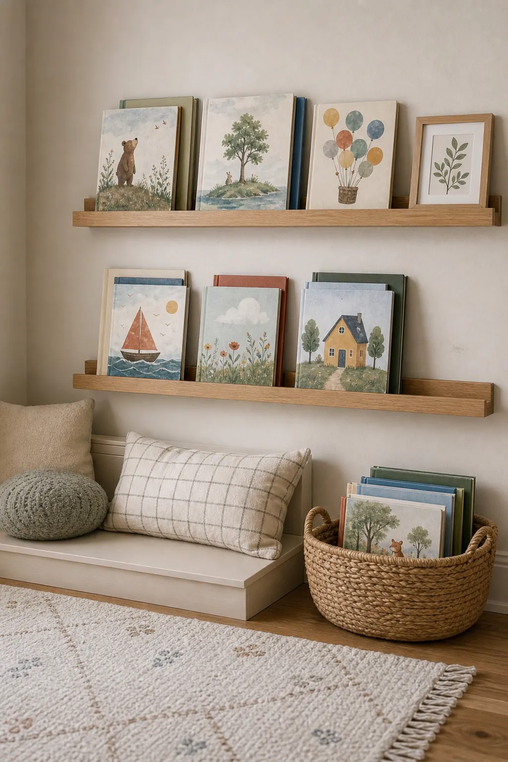 Forward-facing picture books on kids room wall shelves with soft colors and uncluttered shelf styling