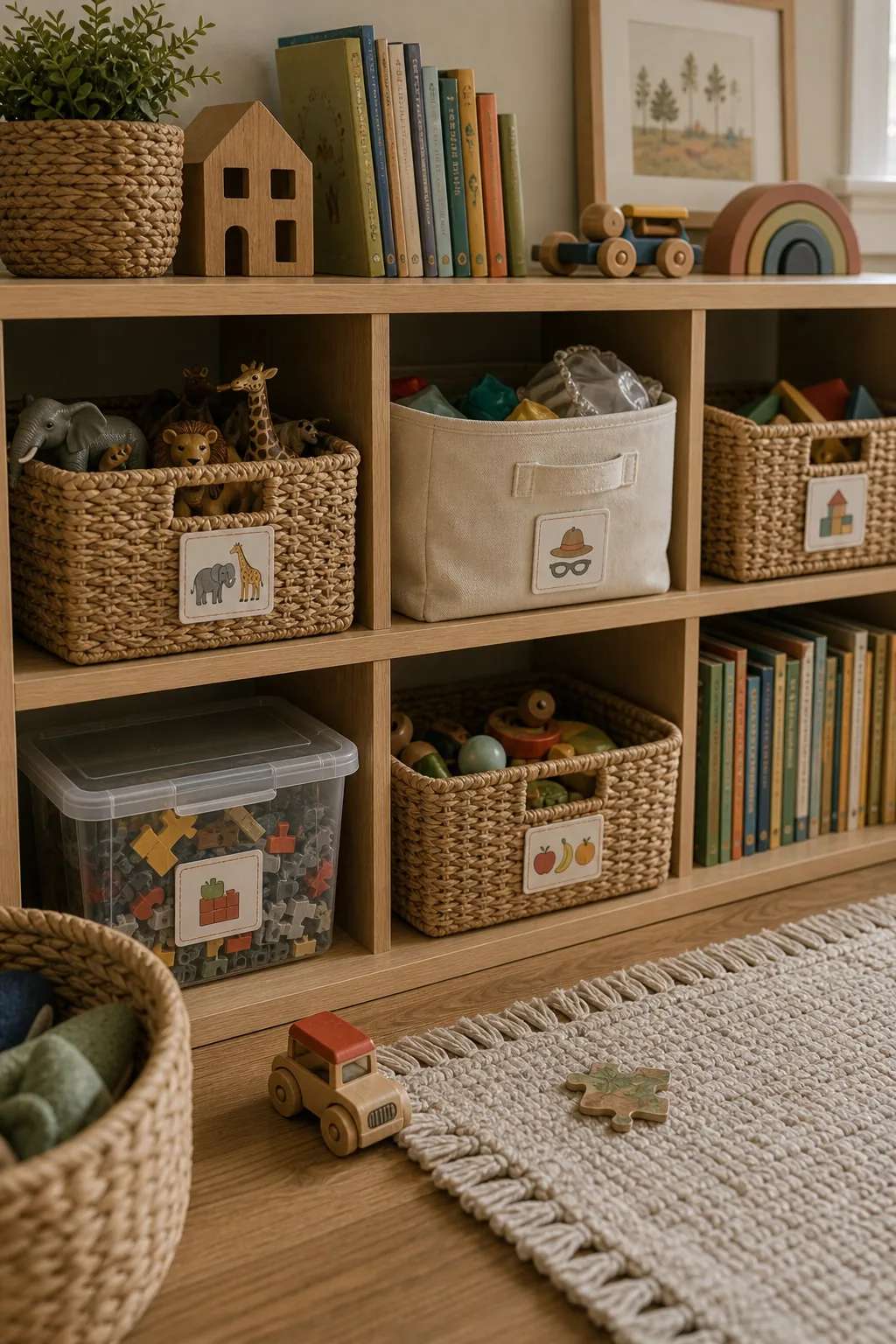 Kids room shelf storage with woven baskets, canvas bins, and small toys organized without visual clutter