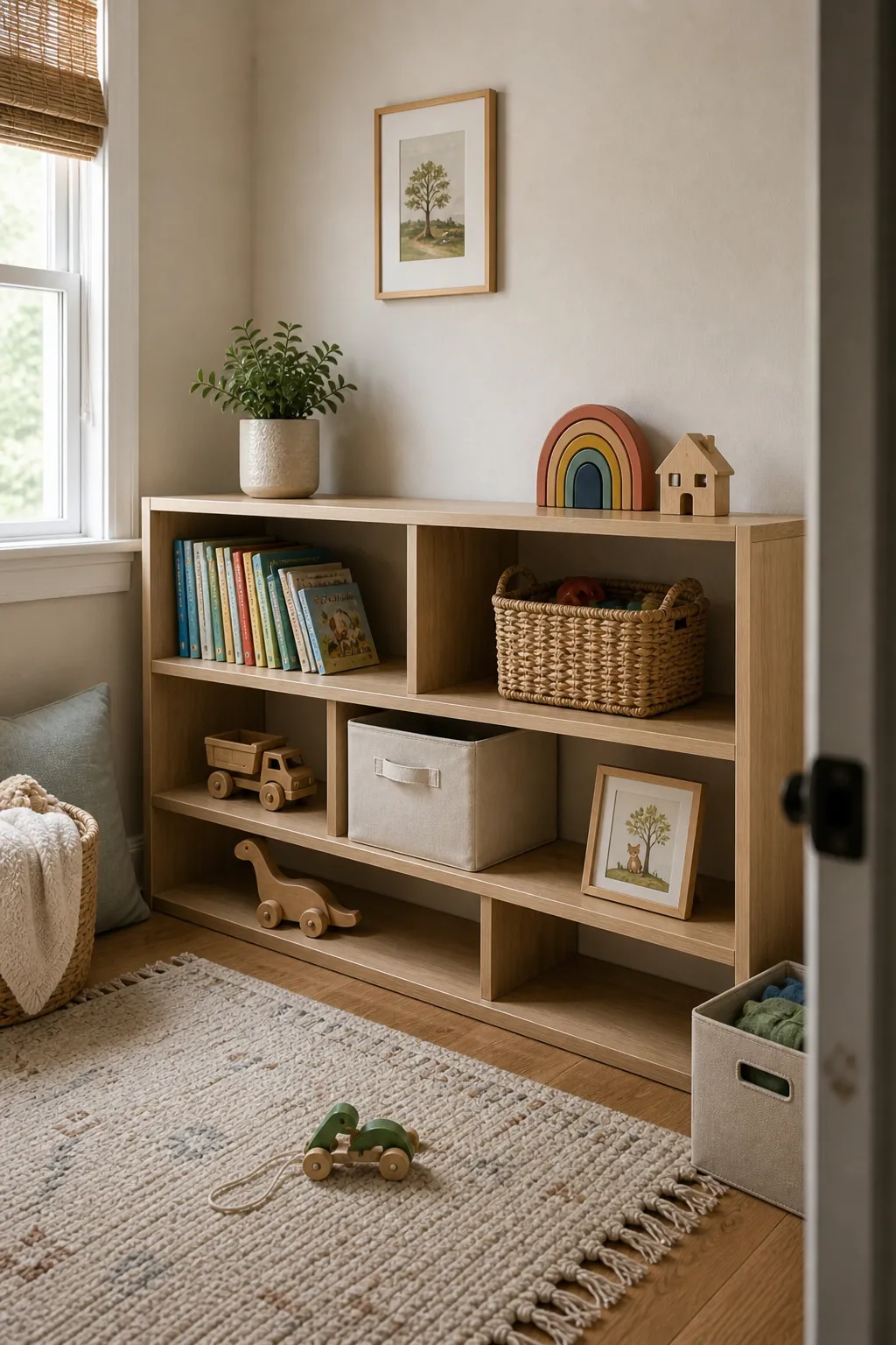 Kids room shelves styled with edited books, baskets, toys, and open space to avoid clutter