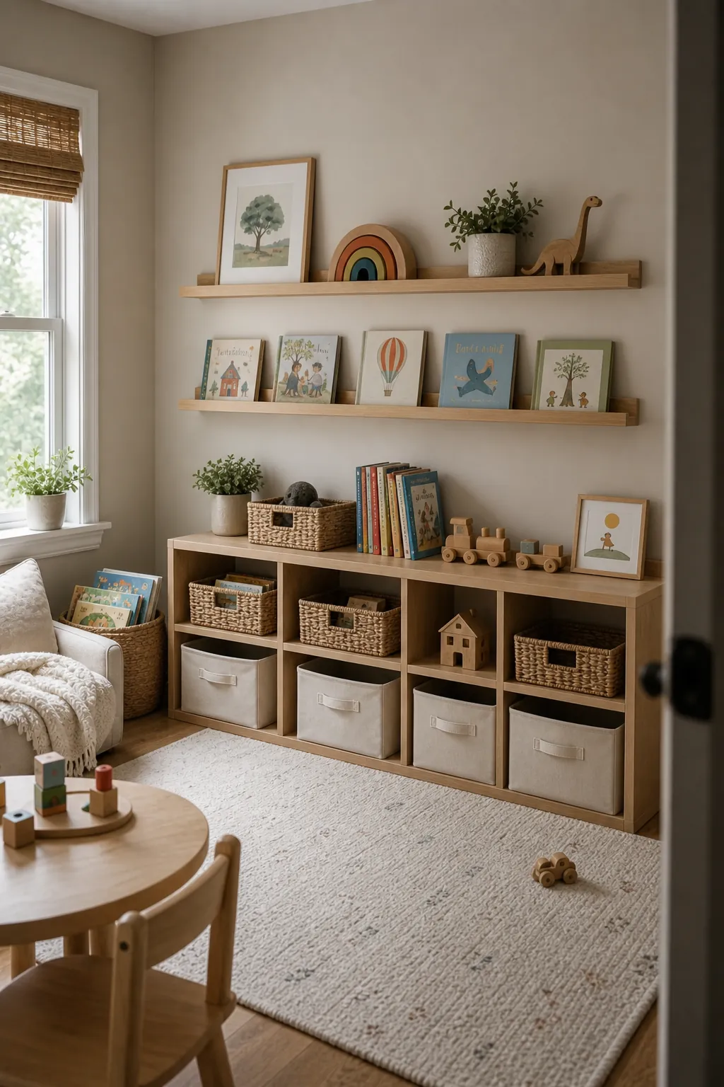 Kids room shelves styled with books, baskets, toys, and open space for a clutter free room