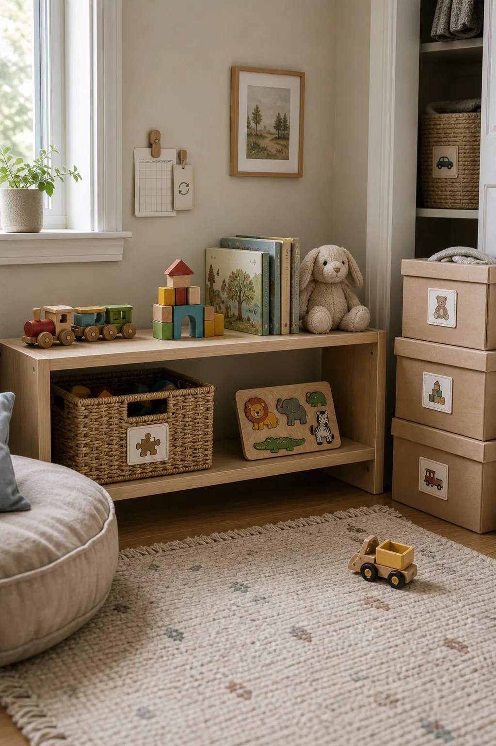 Kids room toy rotation shelf with a small set of displayed toys and labeled storage boxes nearby