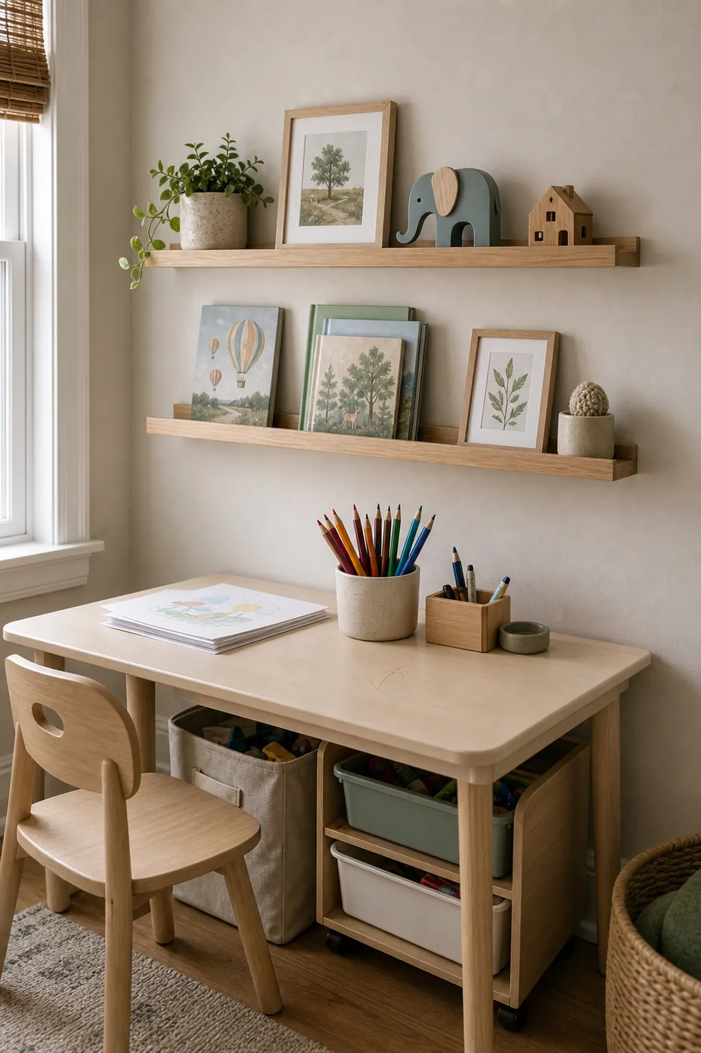 Simple kids room wall shelves above a small desk with books, art, and uncluttered shelf styling