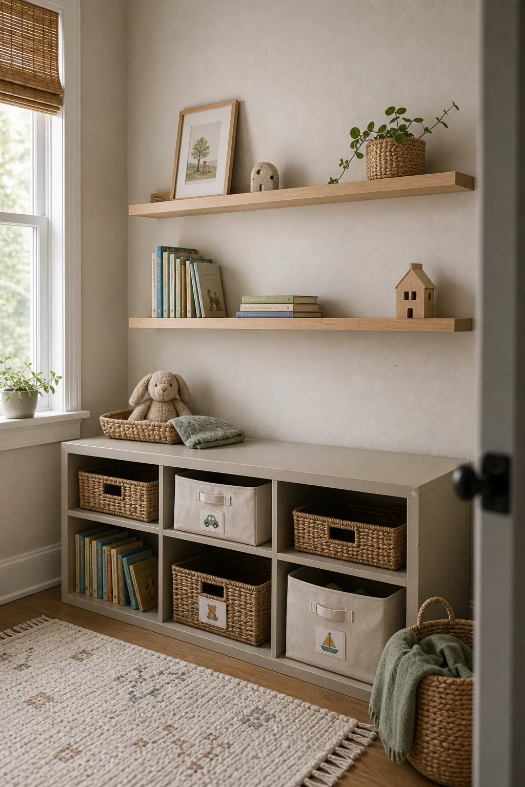 Kids room shelves with intentional empty space, a few books, baskets, and simple decor for a clutter free room