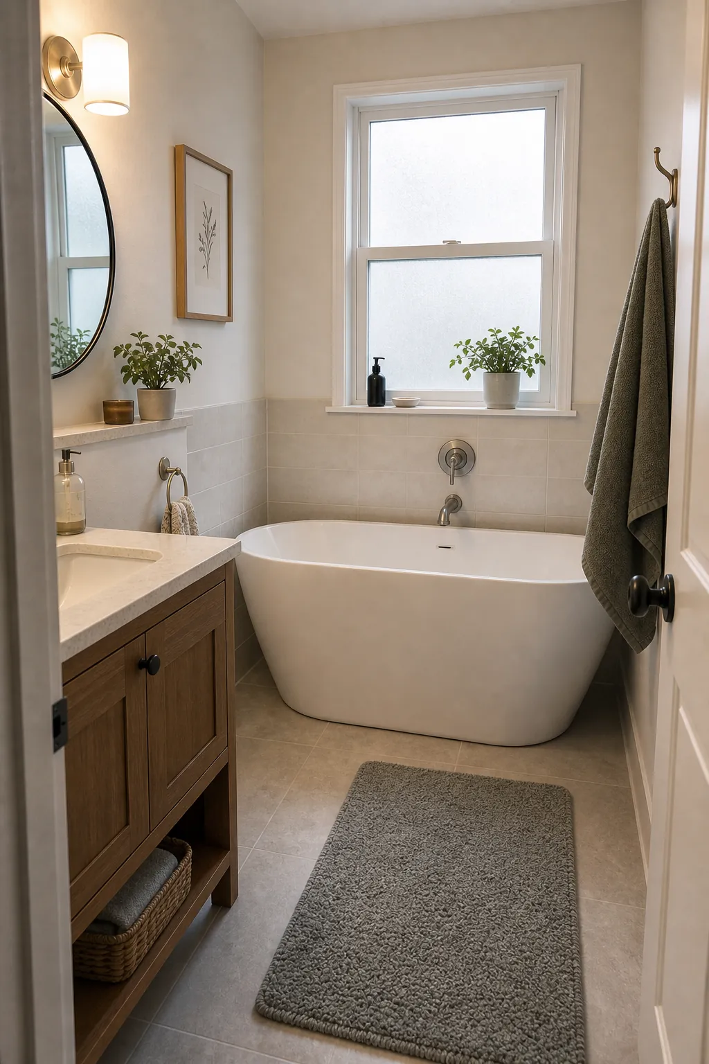Small bathroom with a compact freestanding tub and realistic clearance