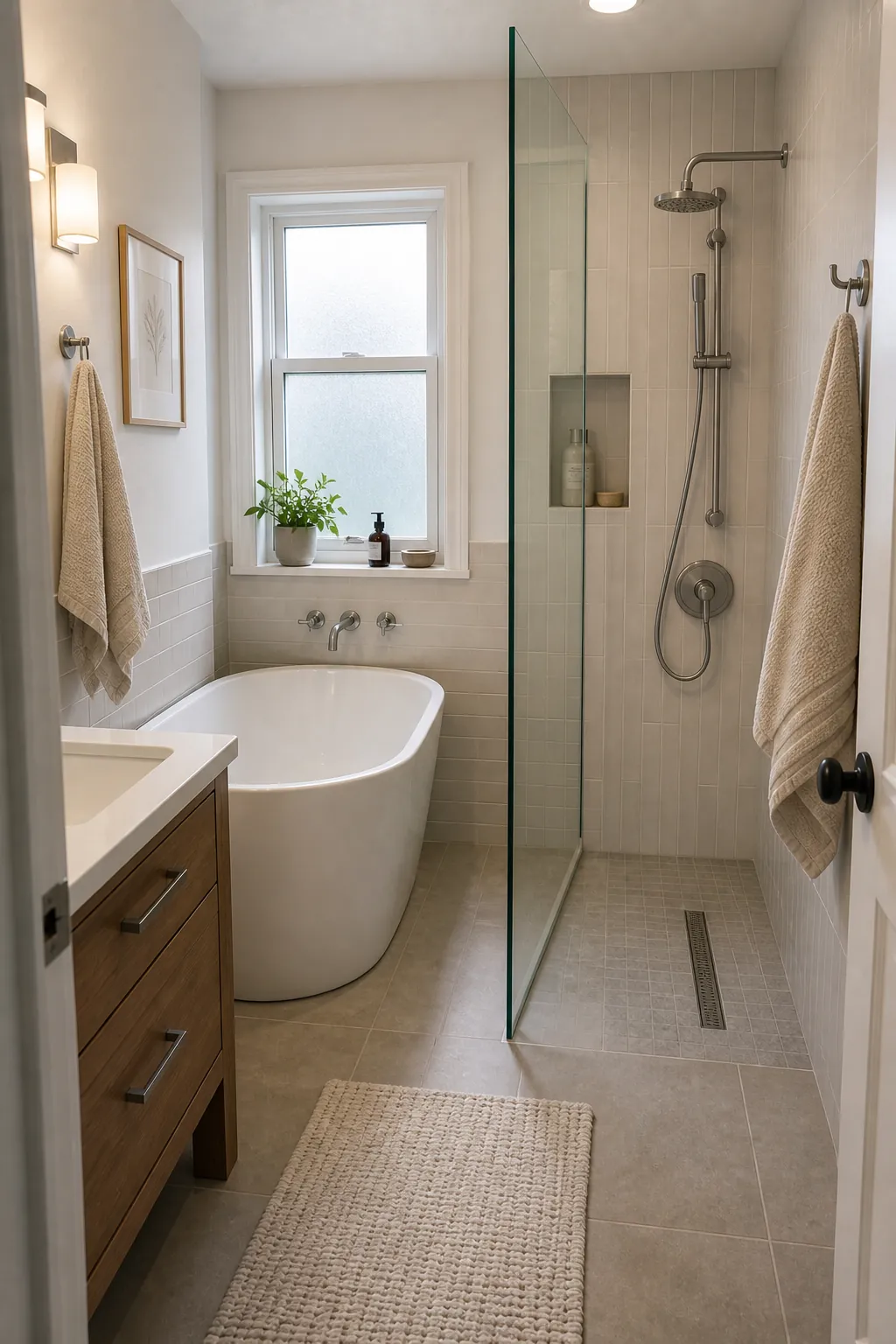 Small bathroom with shower next to freestanding tub and glass splash panel