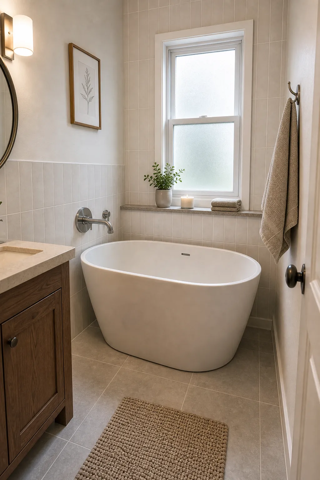 Compact soaker freestanding tub in a small bathroom corner