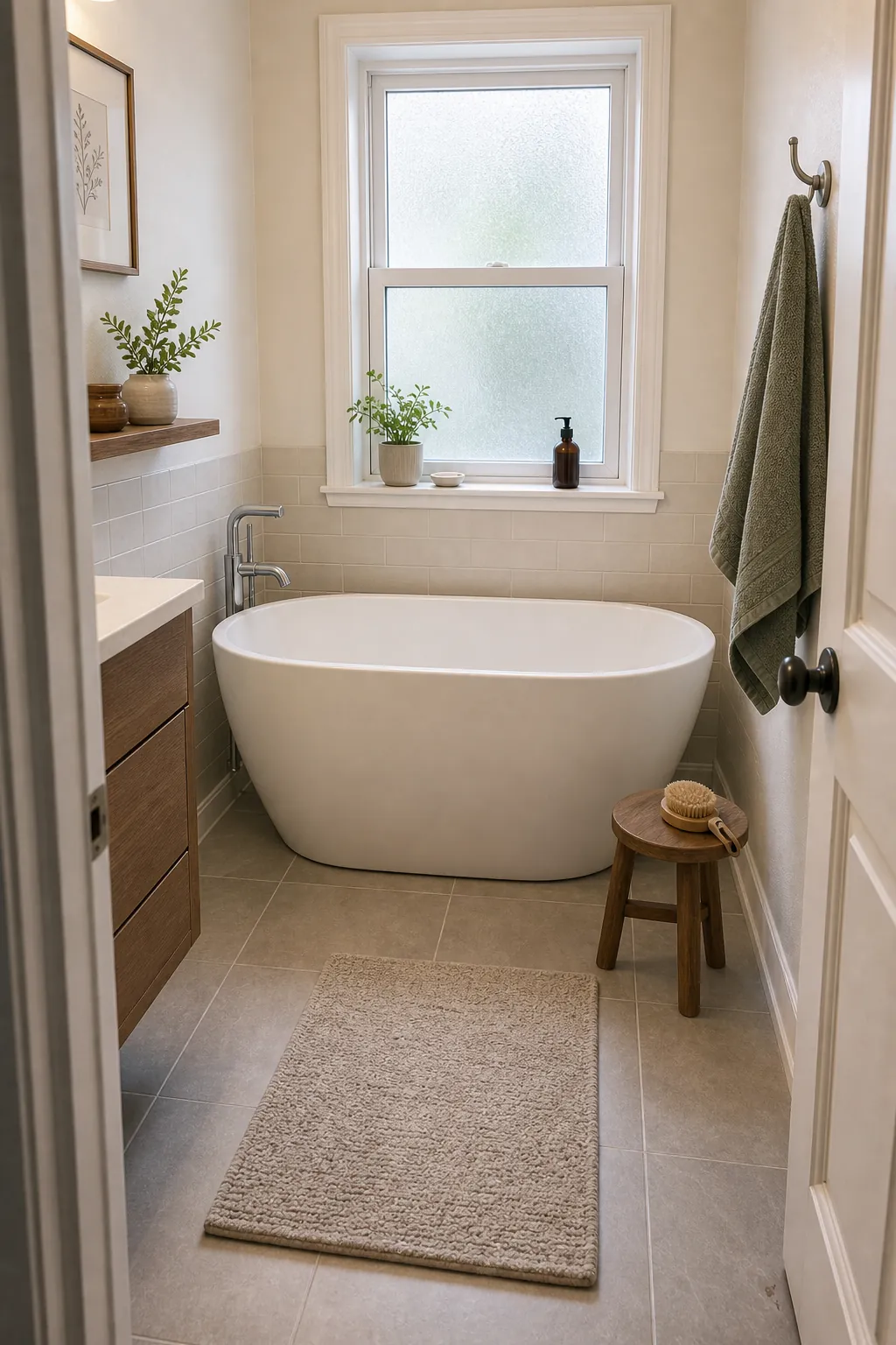 Freestanding tub in a small bathroom with visible cleaning clearance