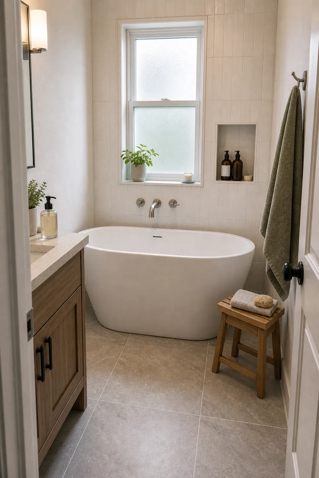 Small bathroom freestanding tub with wall niche and bath stool for storage