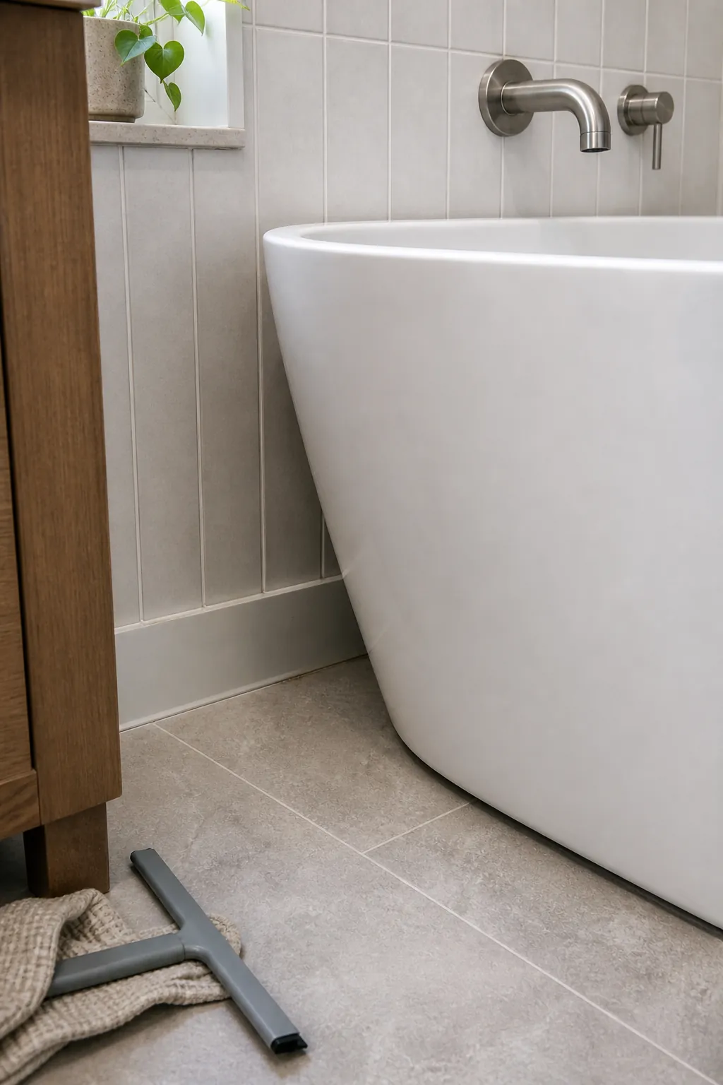 Waterproof floor detail around a freestanding tub in a small bathroom