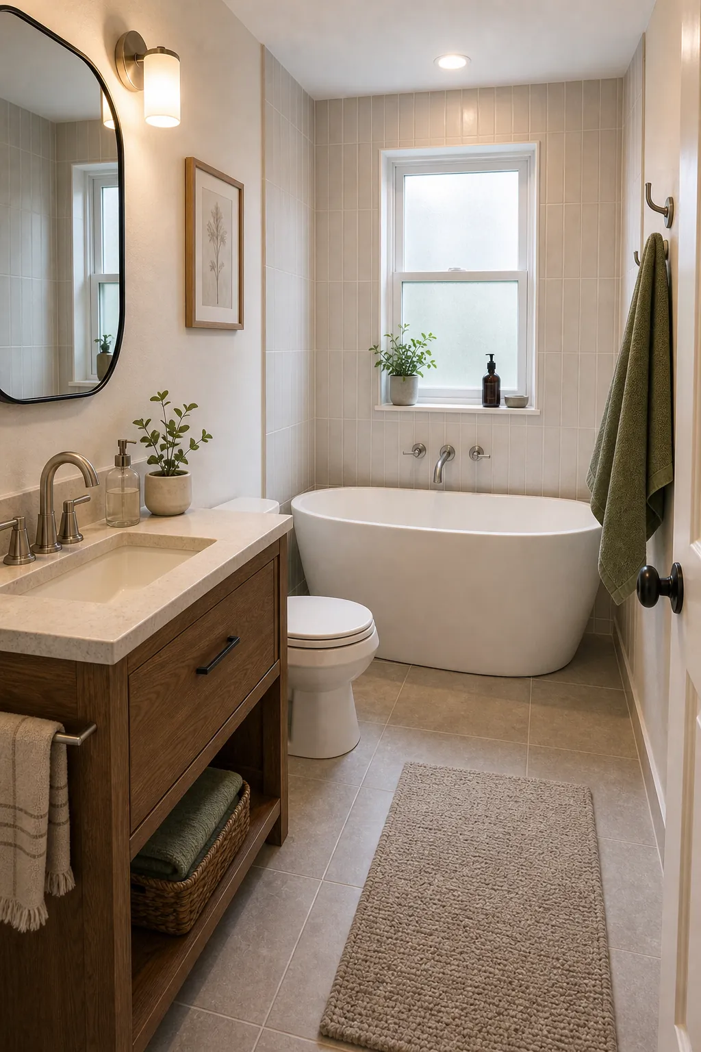 Small bathroom freestanding tub with slim vanity and clear walking path