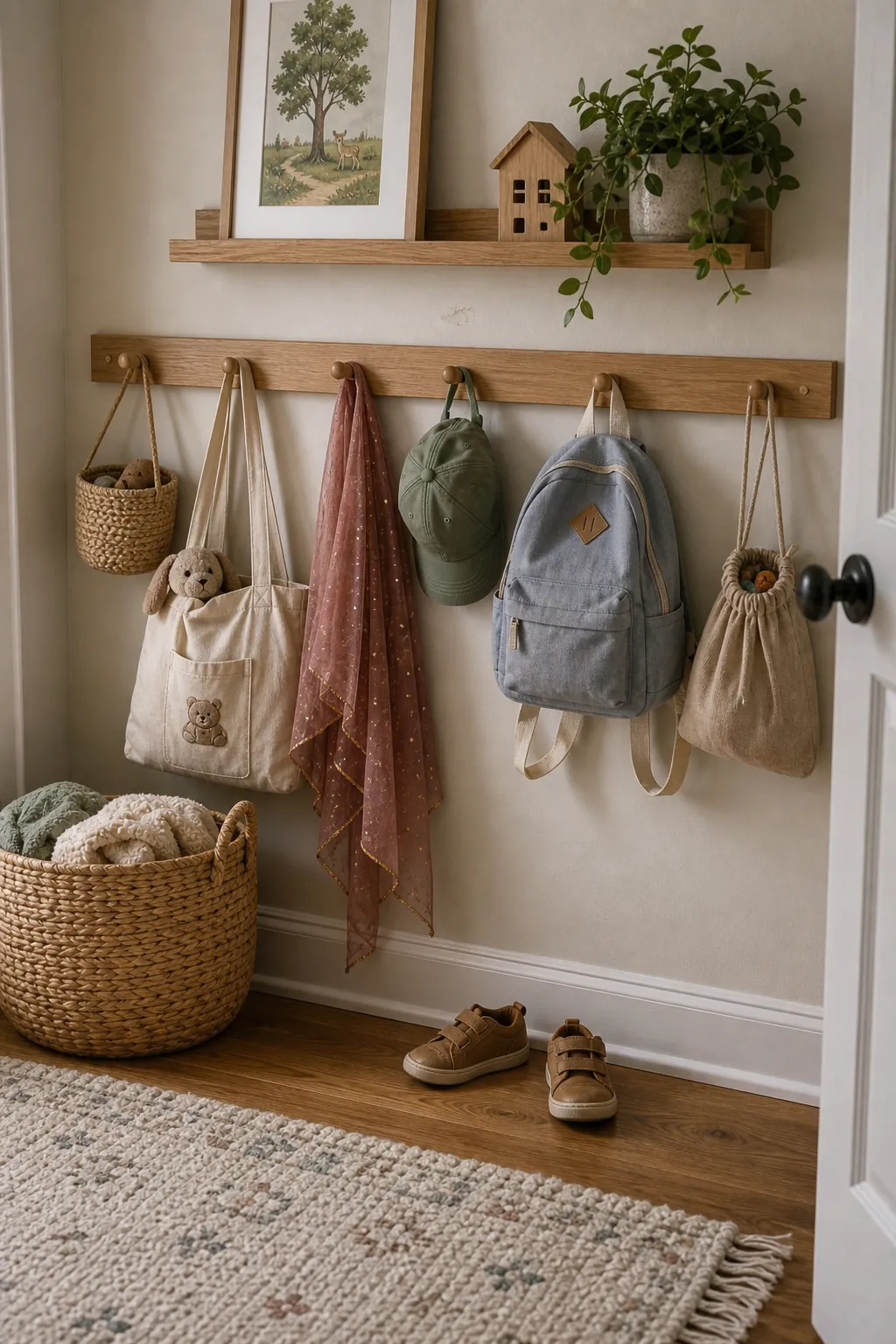 Kids room peg rail used as decorative organization for bags, dress-up clothes, and small storage pouches