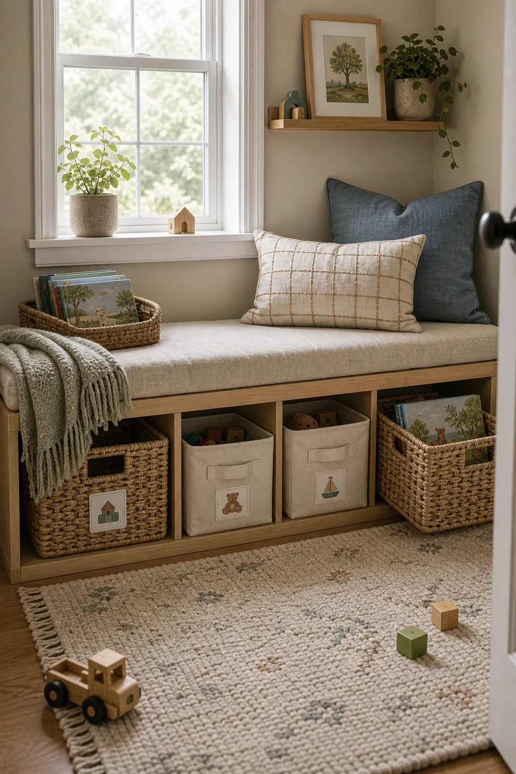 Kids room storage bench with cubbies, baskets, soft cushion, books, and decorative organization
