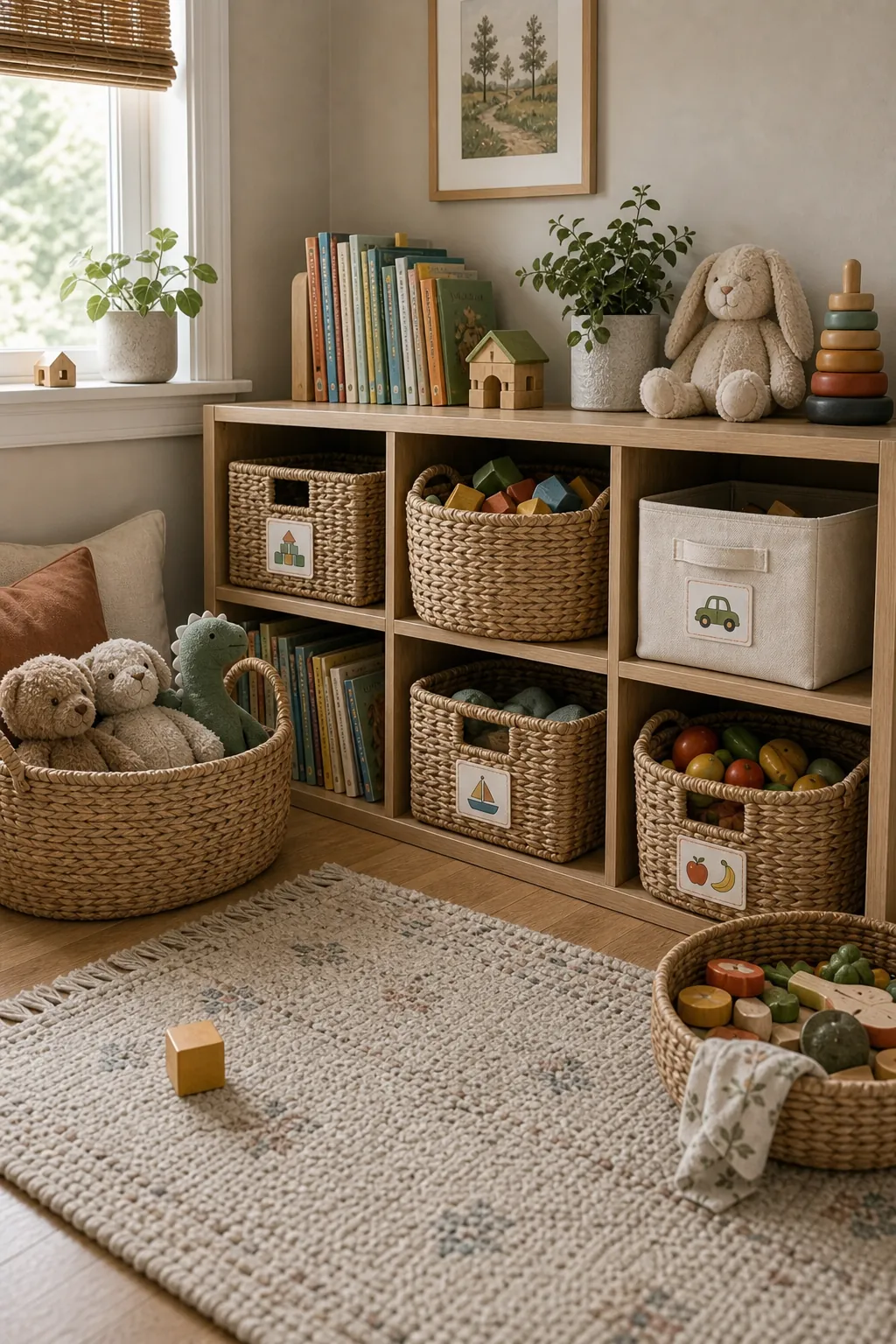 Kids room organization with woven baskets used as decorative toy storage on shelves and beside a rug