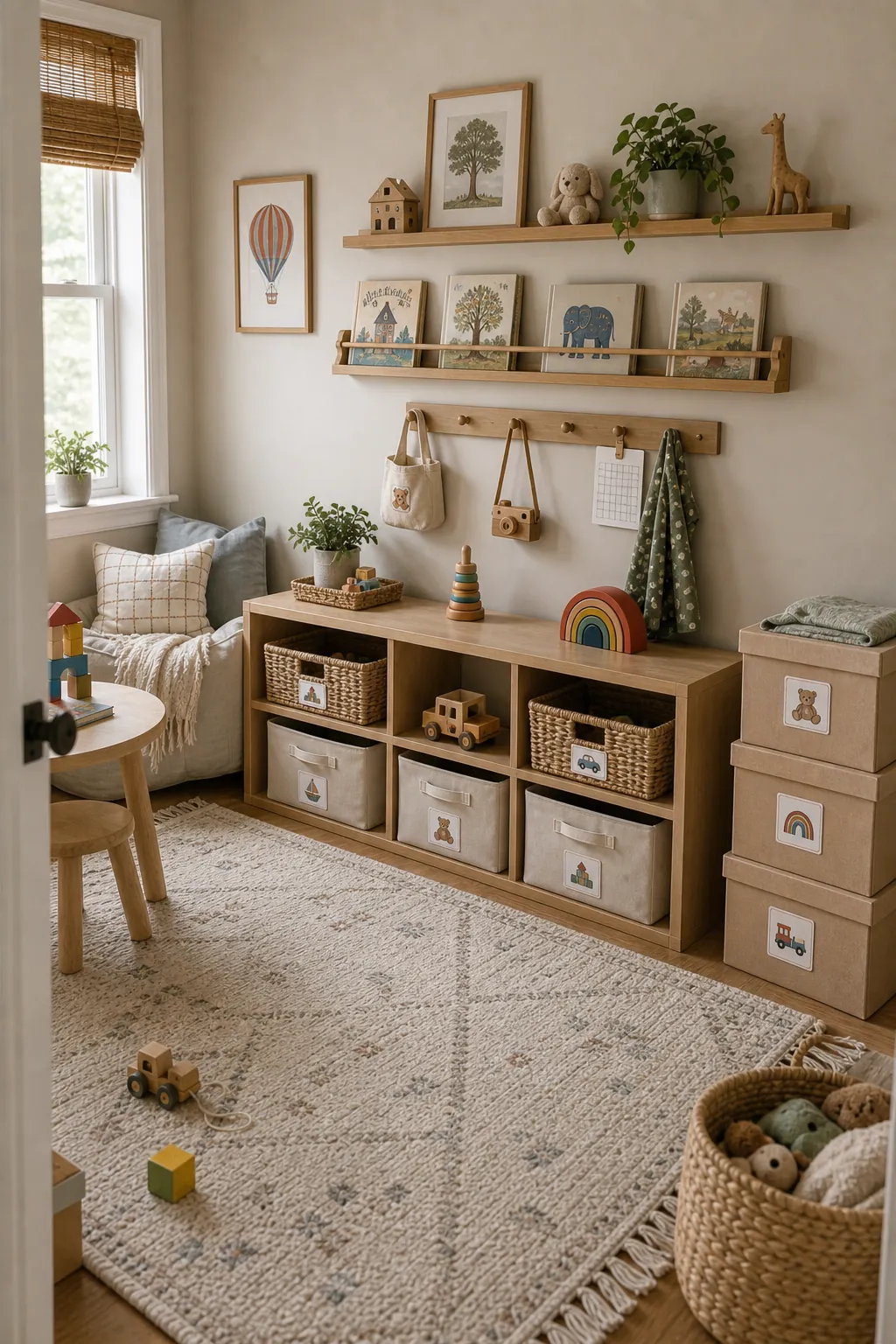 Kids room organization ideas with baskets, wall shelves, storage bench, and decorative toy storage