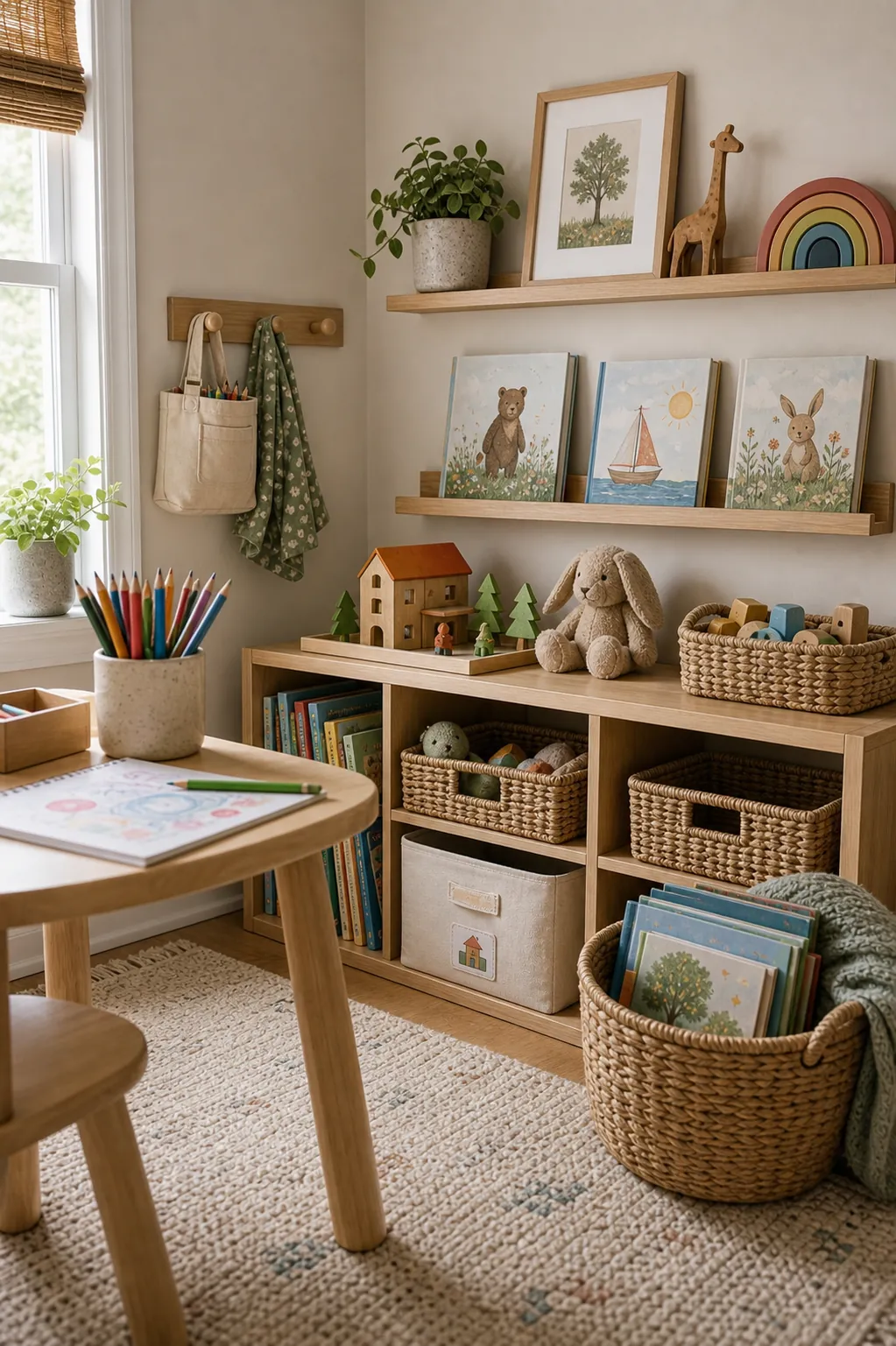 Child-height kids room organization with books, art supplies, baskets, and favorite toys displayed like decor