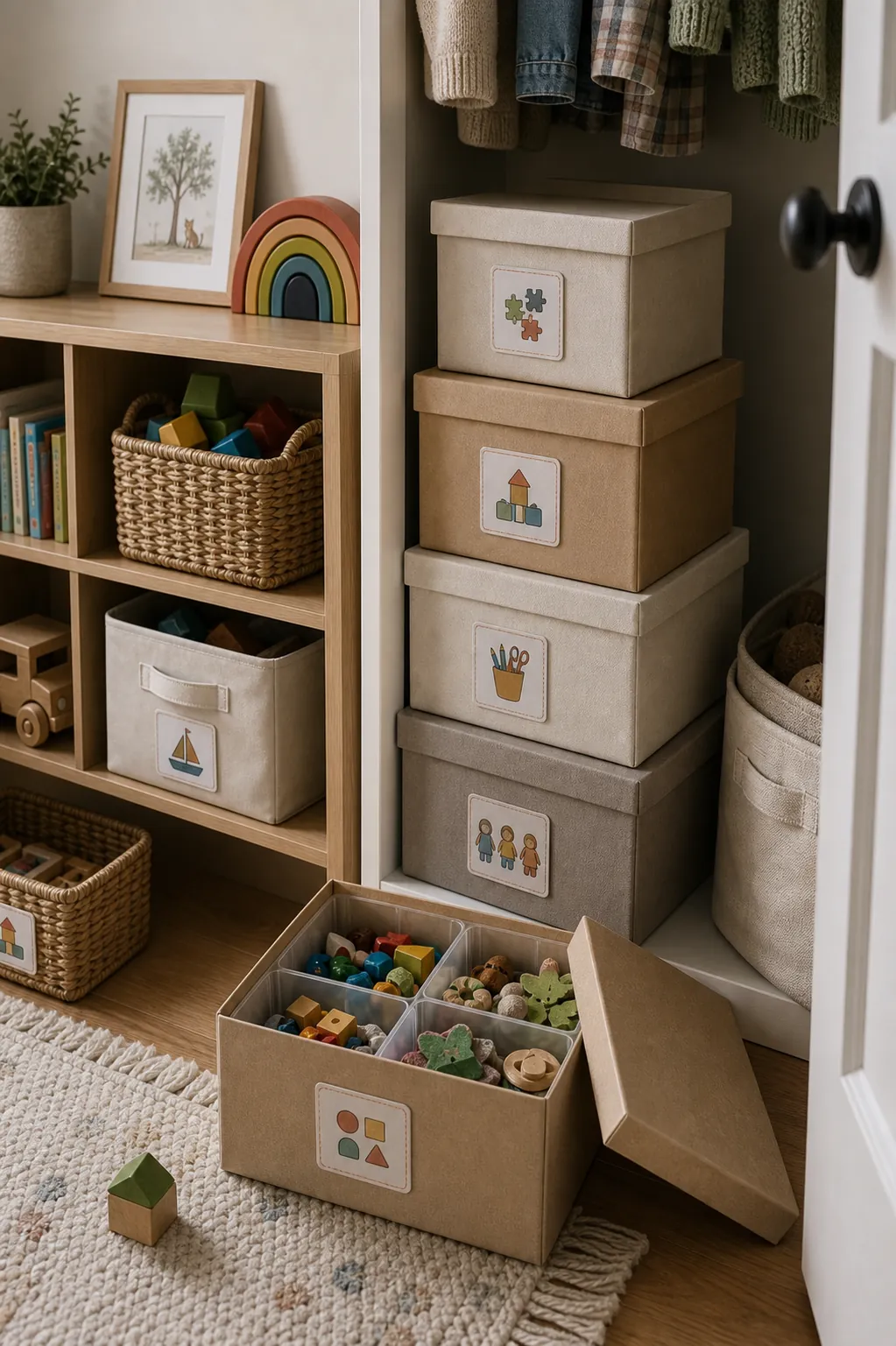 Kids room organization with matching storage boxes for small toys, craft supplies, and room organization