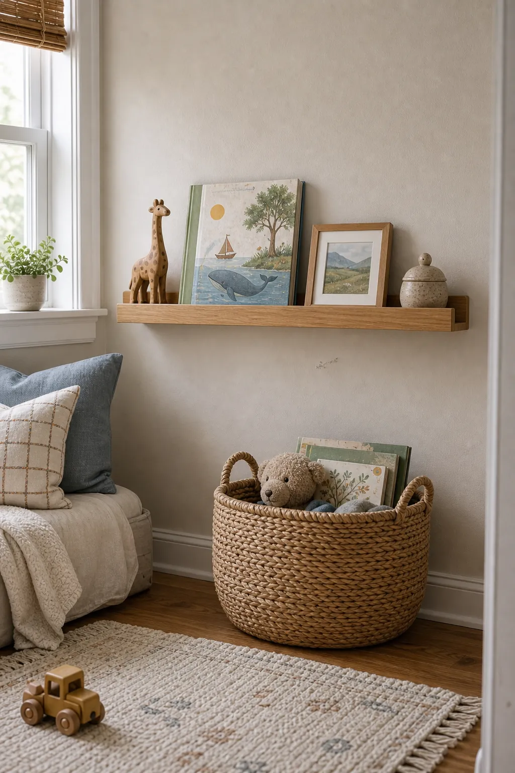 Kids room rotating display shelf with favorite toys, books, baskets, and decorative organization
