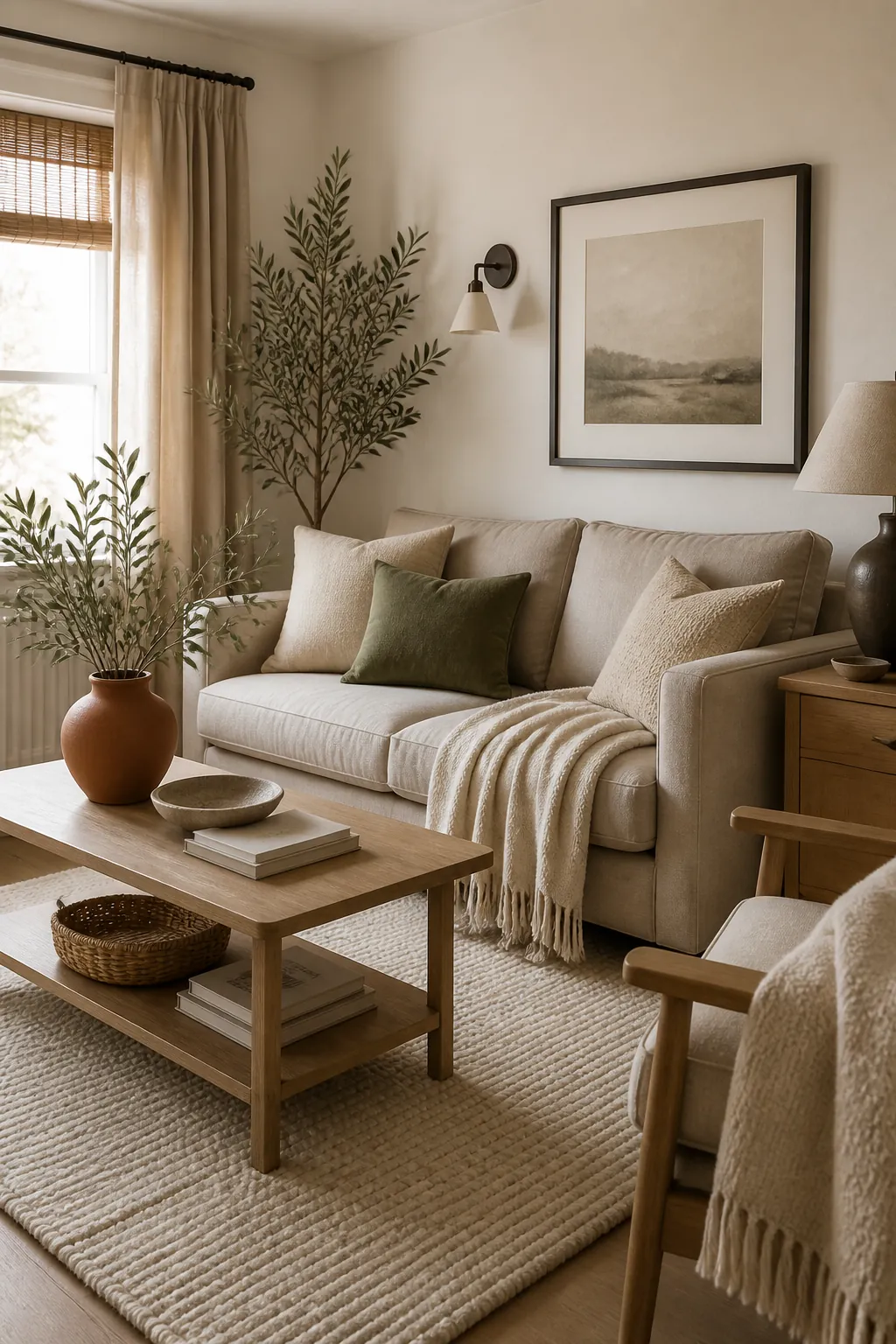Neutral small living room with muted olive pillow, clay vase, and dark frame for contrast
