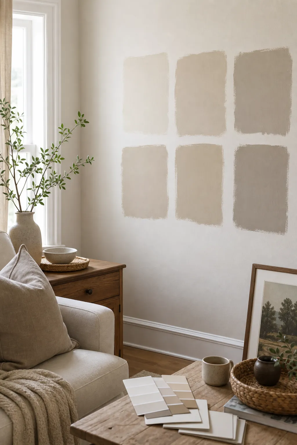 Warm neutral paint samples tested on a small living room wall beside a window