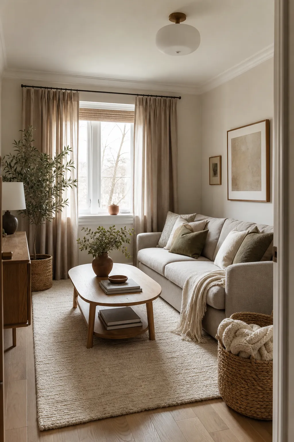 Small living room with warm neutral walls, greige sofa, cream rug, oak table, and taupe curtains