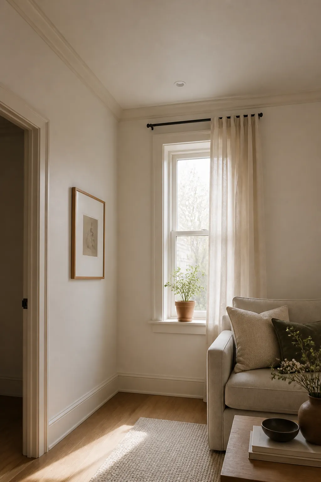 Small living room corner with warm neutral wall, matching trim, ceiling line, and soft curtains