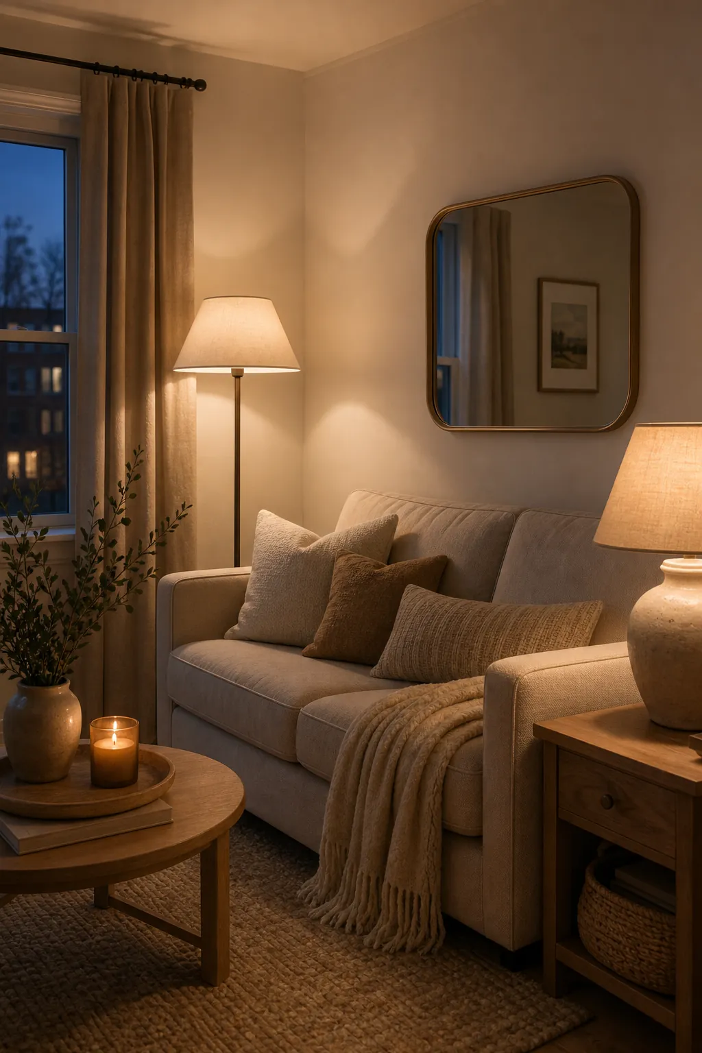 Small neutral living room at evening with layered floor and table lamps warming the palette
