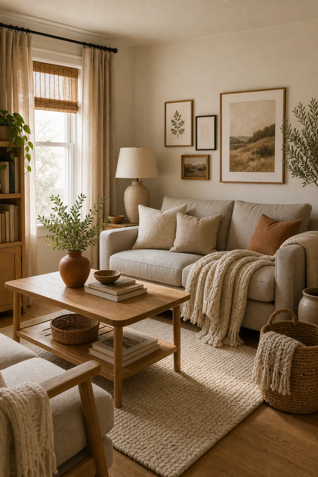 Finished small living room with warm white walls, greige sofa, oak furniture, woven storage, and muted clay accents