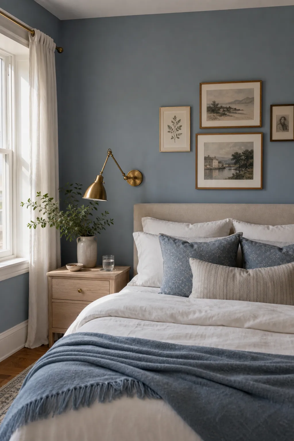 Dusty blue bedroom colour scheme with white bedding brass accents and layered art