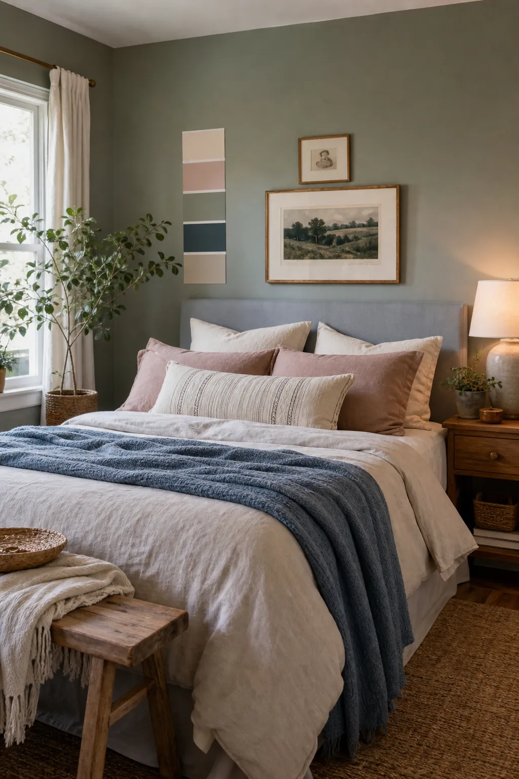 Aesthetic room colour scheme with layered bedding wall colour swatches and curated decor