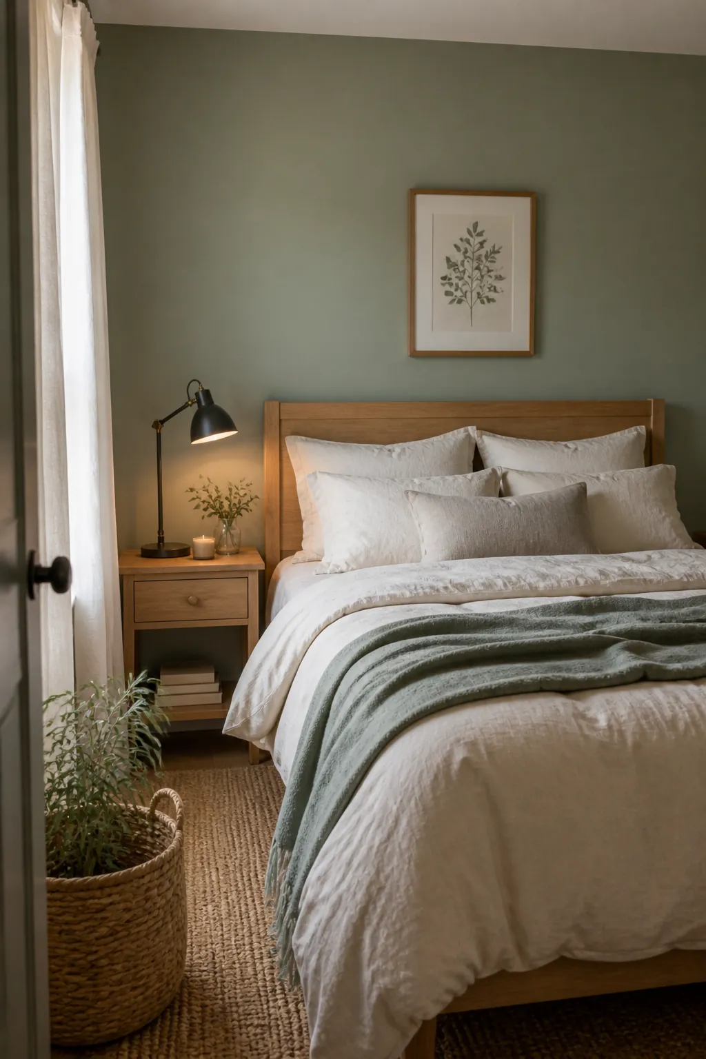 Soft sage aesthetic room colour scheme with warm wood furniture and cream bedding