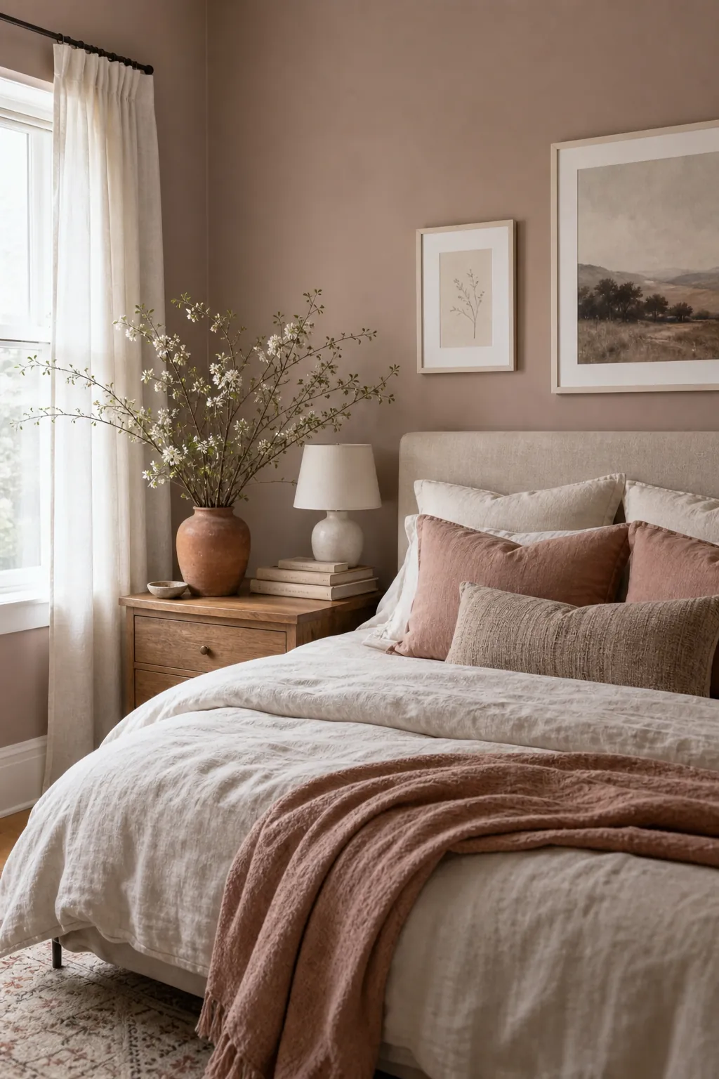 Blush taupe aesthetic bedroom palette with linen bedding and soft layered decor