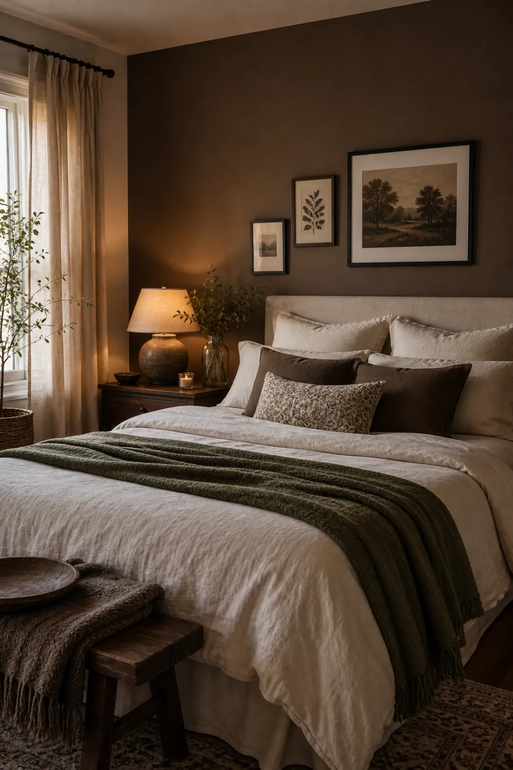 Cocoa brown and cream aesthetic room colour combination with layered textiles