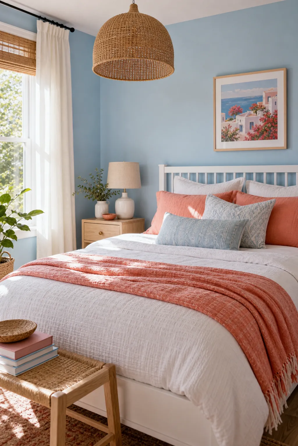Coral sky blue and white colourful bedroom aesthetic with painted accents