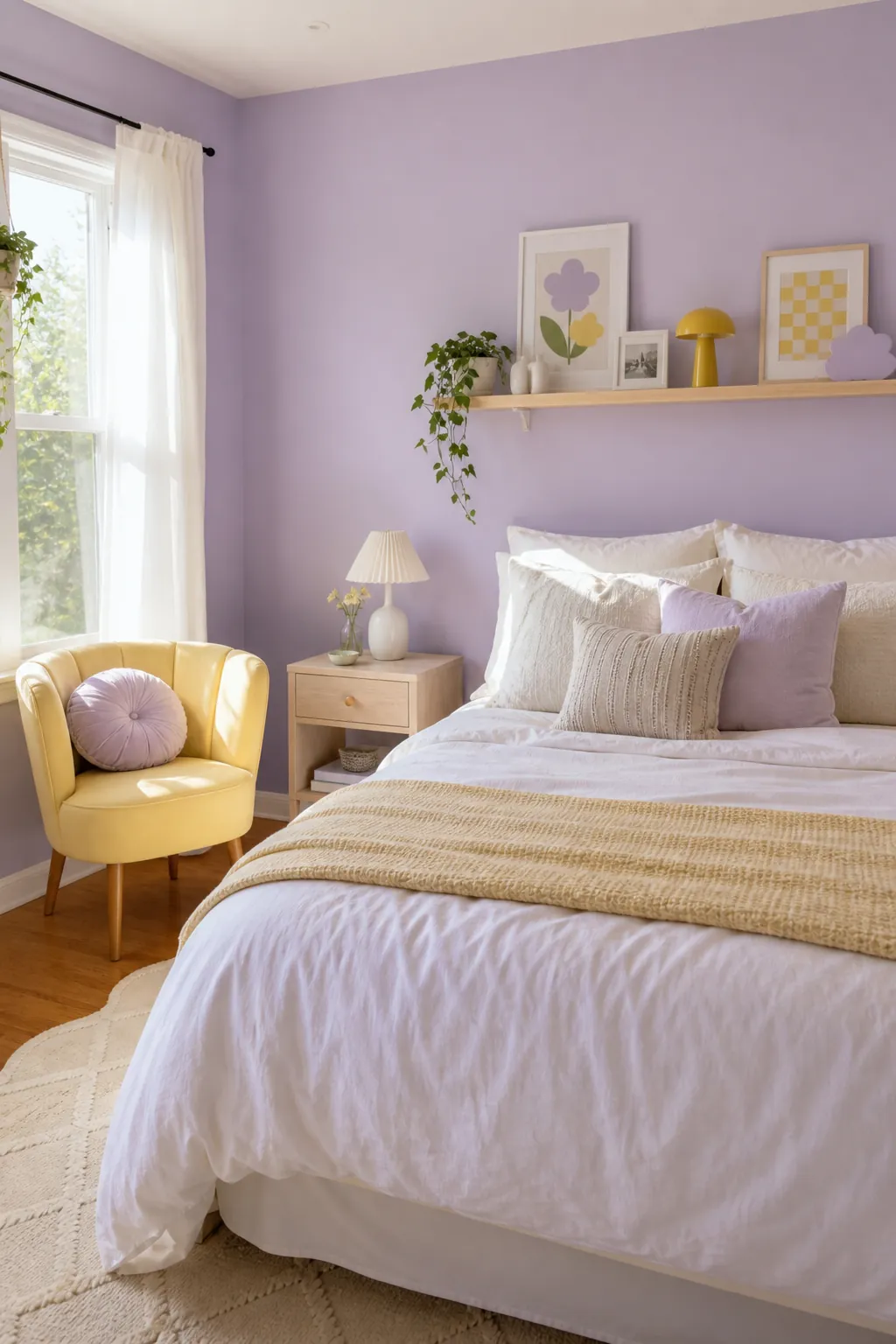 Lilac and butter yellow aesthetic wall colour combination in a cozy bedroom