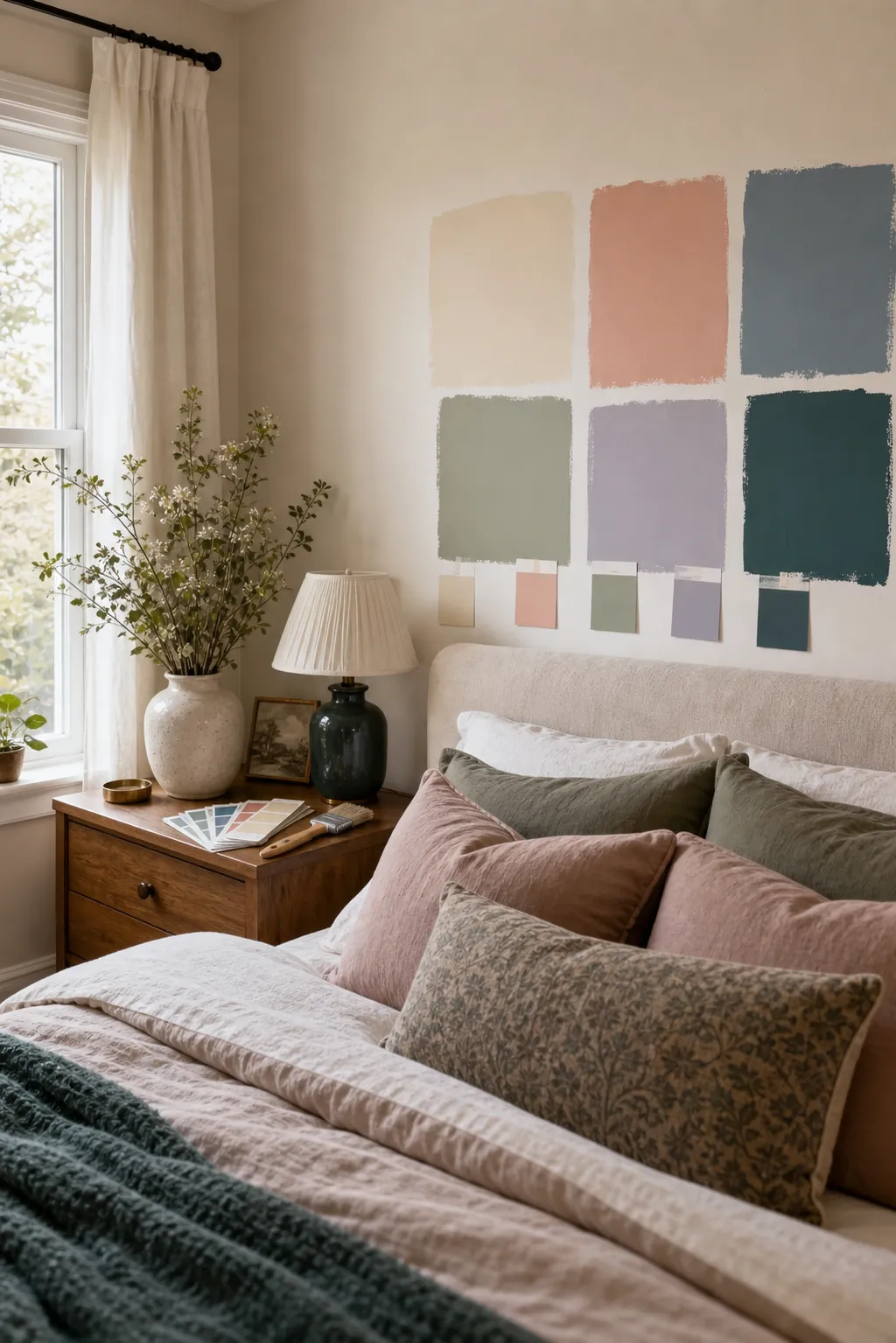 Aesthetic colours to paint your room shown with paint swatches bedding and wall samples