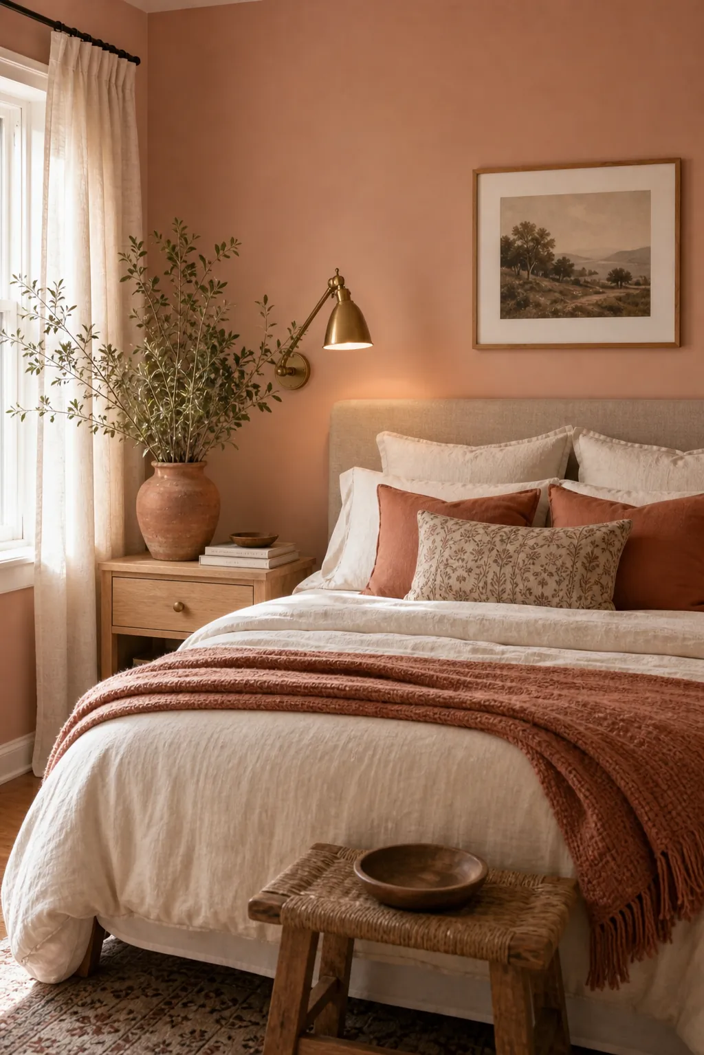 Muted peach room paint idea with cream bedding and clay decor