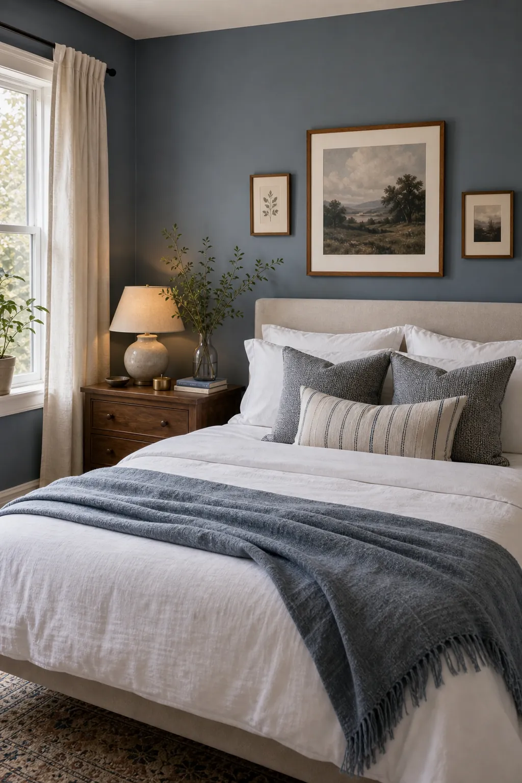 Smoky blue aesthetic room wall colour with walnut furniture and white bedding