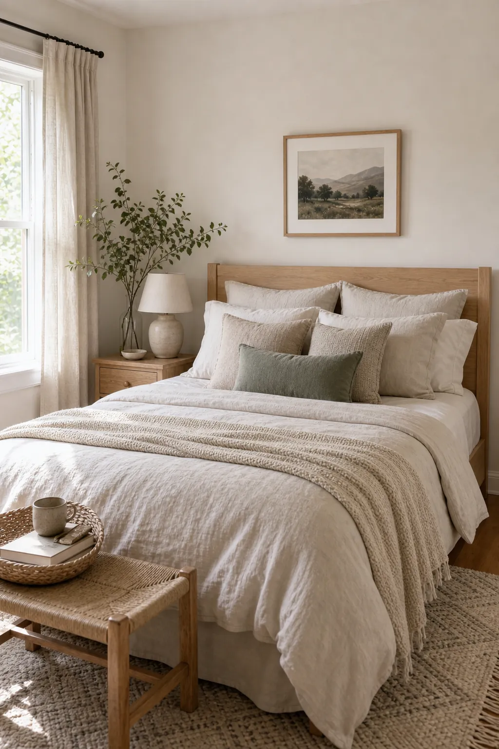 Warm white bedroom paint colour with oat bedding and wood accents