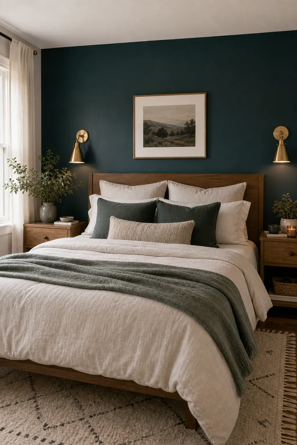 Deep teal bedroom accent wall with warm neutral bedding and gold lighting