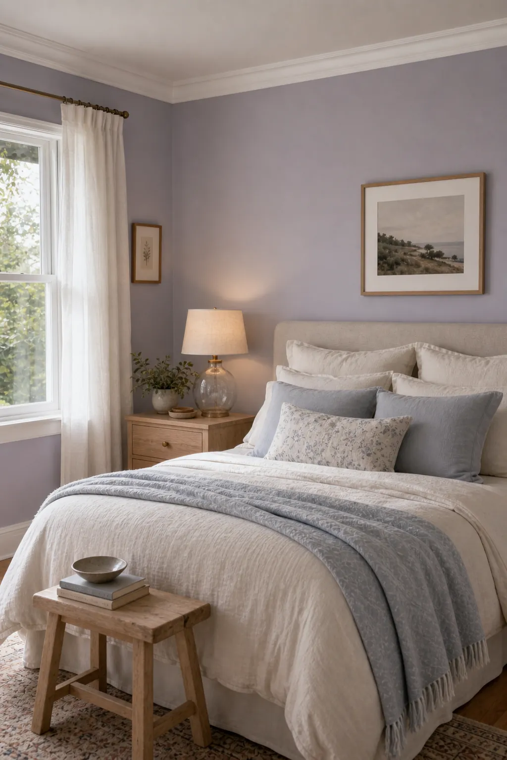 Lavender gray bedroom paint colour with white trim and soft layered bedding